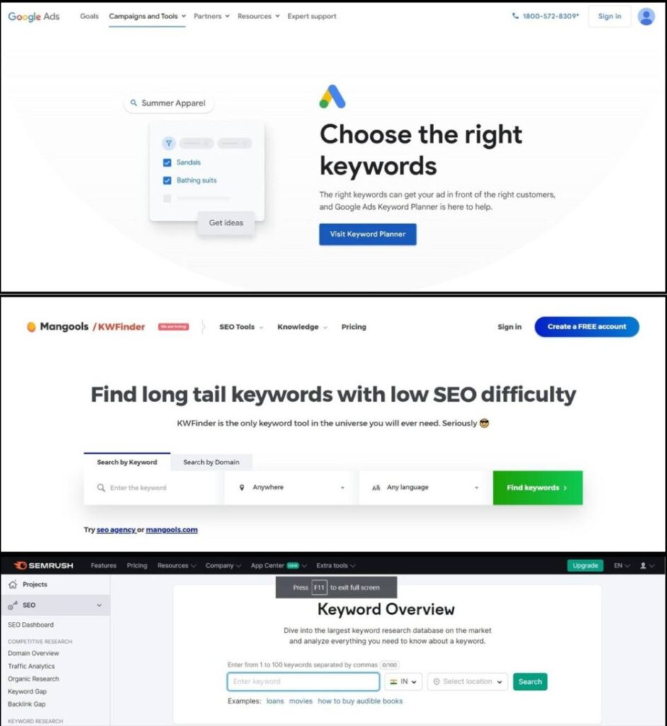 On-Page SEO Keyword Tools-Google Keyword Planner, Mangools Keyword Finder and SEMrush