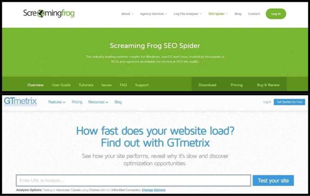 Technical SEO Tools- Screaming Frog, GTMetrix.